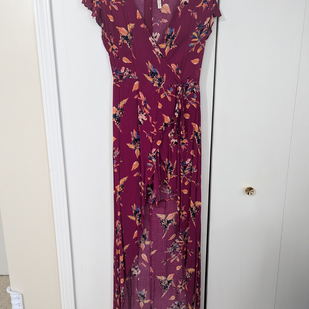 Floral Wrap Dress in Burgundy by [Brand]